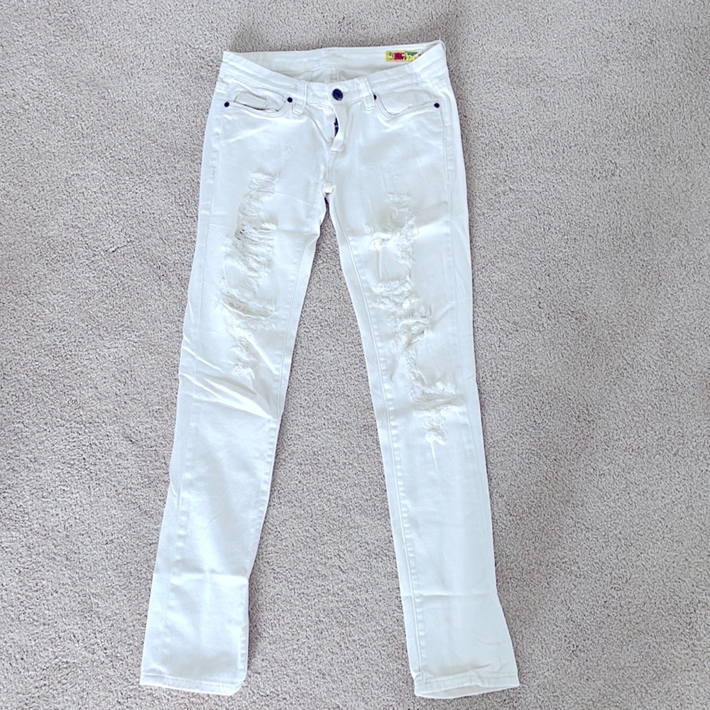 Blank white destroyed skinny low rise jeans